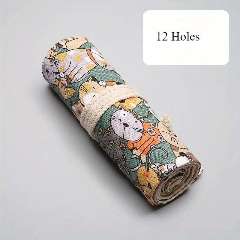 

12/24 Holes Roll Pen Bag School Supplies Makeup Brush Storage Bag Cute Cats Roll Pen Pouch Stationery 12 Holes