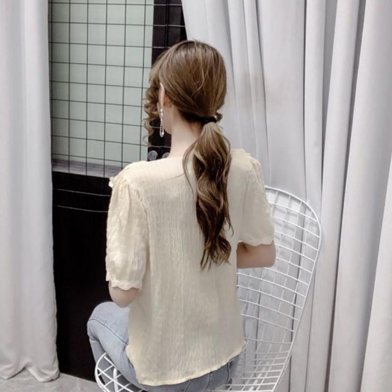 Female Summer Solid Colour Casual Short-sleeved T-shirt Fashion Lace Ruffle Top Temperament Sweet Chiffon V-neck Shirt