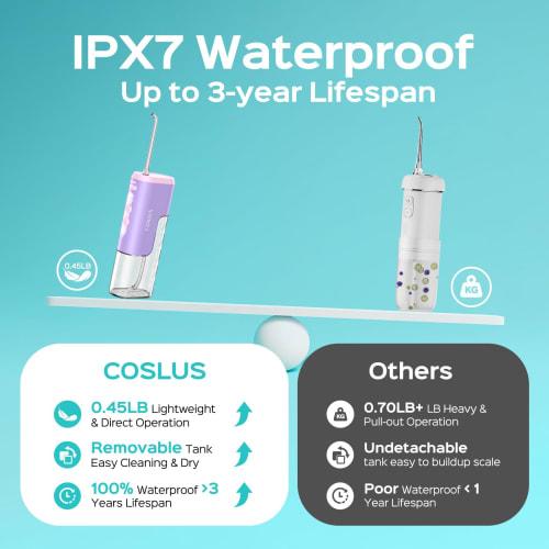 COSLUS Mini Water Flosser for Travel: Portable Compact Design, Cordless Oral Irrigator with 4 Jet Tips, Removable Tank, IPX7 Waterproof, for Braces, S