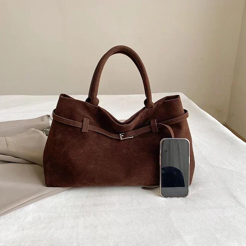 Buckle Decorative Design Solid Faux Suede Handbag Large Capacity Hasp Casual Tote Bags Premium Durable Quality