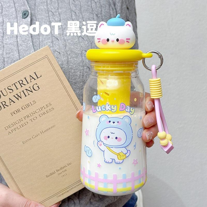 Water bottle kitten water cup plastic cup student portable straw cup summer high value large capacity girl cute straw cup