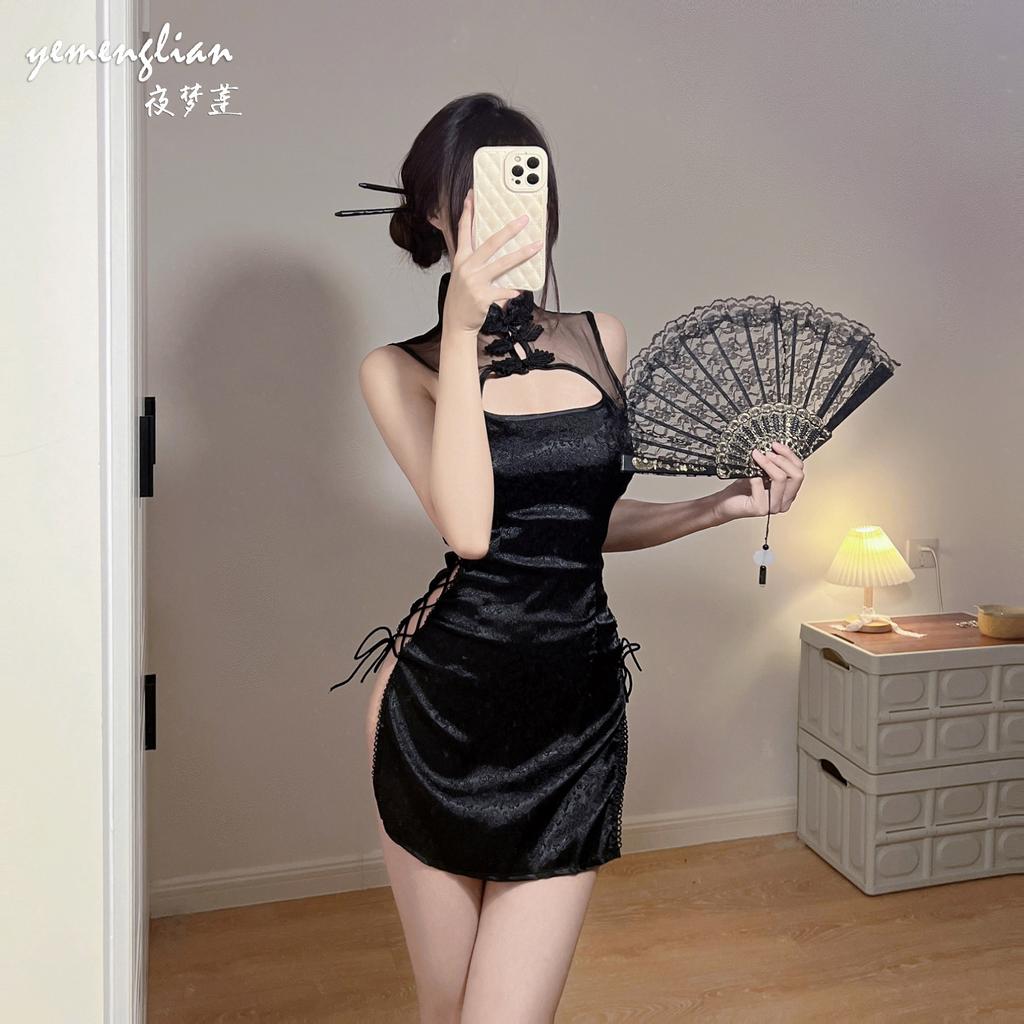 Sexy Lingerie Sexy Perspective Stand-up Collar Cheongsam Temptation Side Open Straps Passion Uniform Retro Style Suit