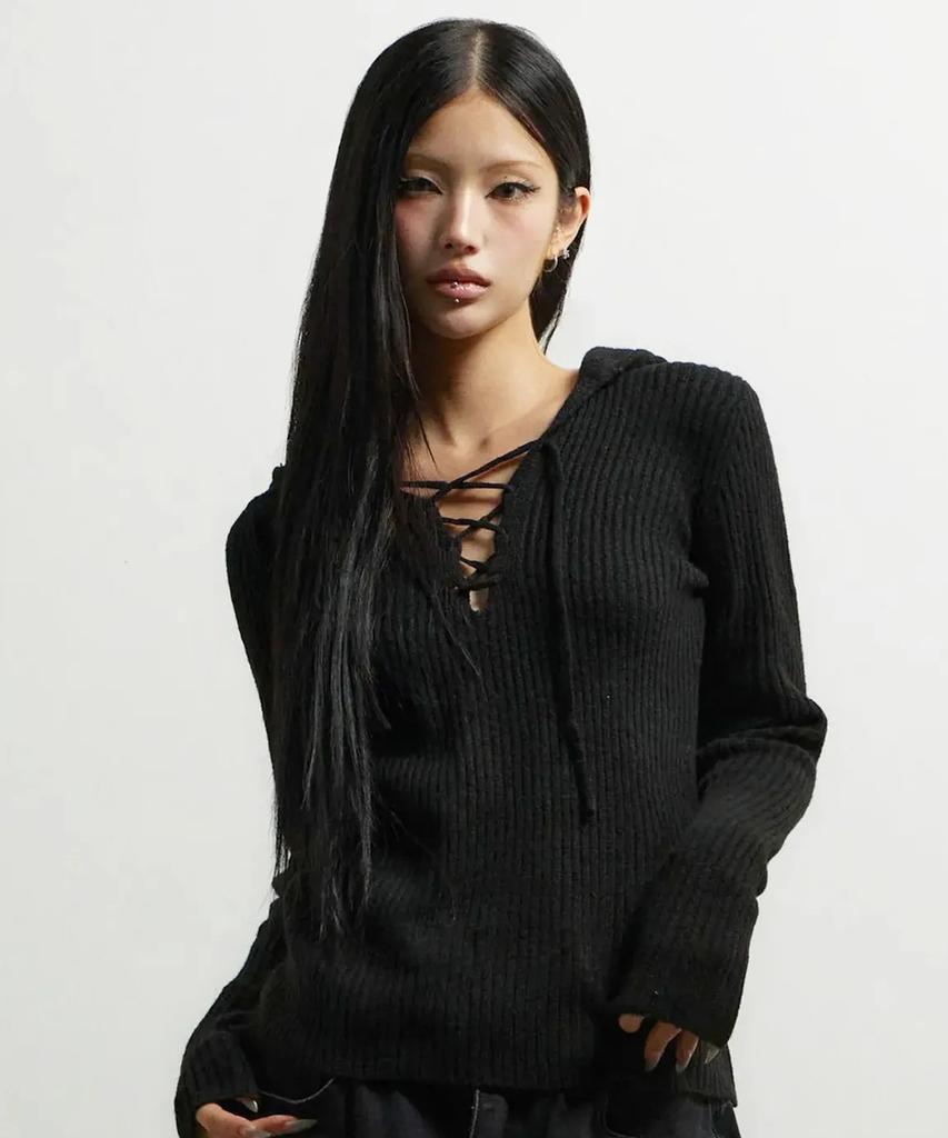 CHICKS Ribbed Slim Fit Hoodie Knit Black