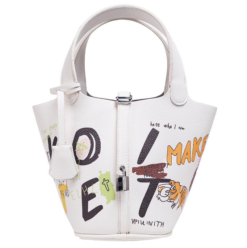 

Graffiti Bucket Bag, Vegetable Basket, Hand-held Women s Bag, Large Capacity Mother and Child Bag, Korean Version New Shoulder Bag белый