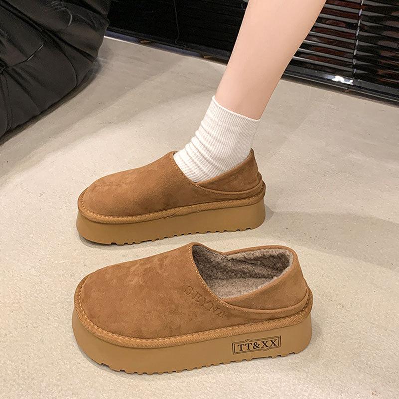 Leder-Plateau-Damenschuhe Samt warm Schneestiefel Neue Winter-Ein-Pedal-Baumwollschuhe