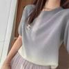 Women's Tops Gradient Colour Short Sleeve Knit Sweater Round Neck Loose Bottom Shirt