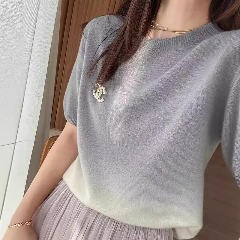Women's Tops Gradient Colour Short Sleeve Knit Sweater Round Neck Loose Bottom Shirt