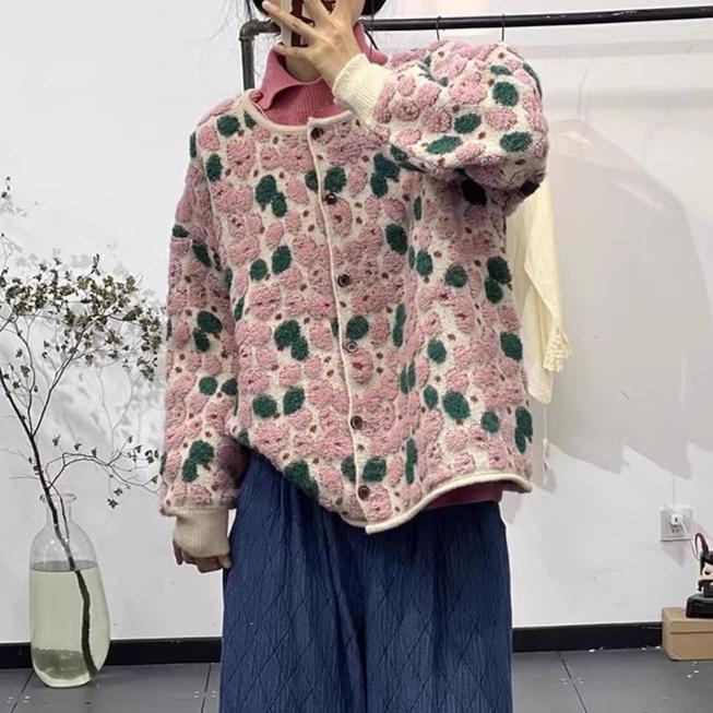

DIMANAF 2025 Свитеры Кардиган Осень Женщины Большой размер Принт Цветок Круглый вырез Свитеры Вязание Свободный Розовый Свитер One Size розовый