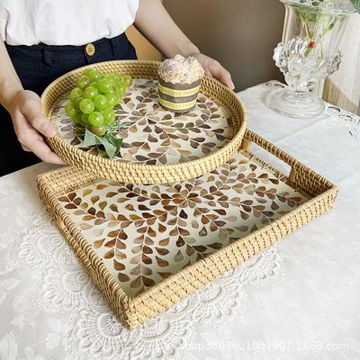 Rattan Kabuk Rengi Saklama Yuvarlak El Yapımı Ev Oturma Odası Hafif Lüks Piknik Meyve Tabağı Şeker Restoran Gelişmiş Tepsi
