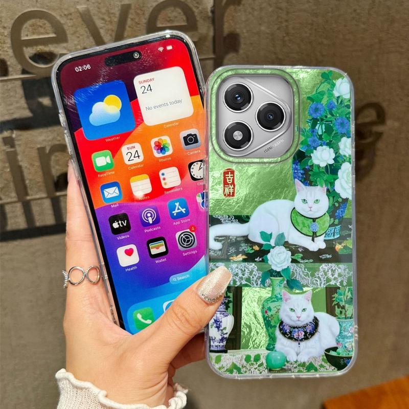 Green Creative Flower Vase Cat Women Phone Case For Iphone 17 Air 16 16e 17e 15 Plus 14 13 12 11 Pro Max Protective Fundas Cover