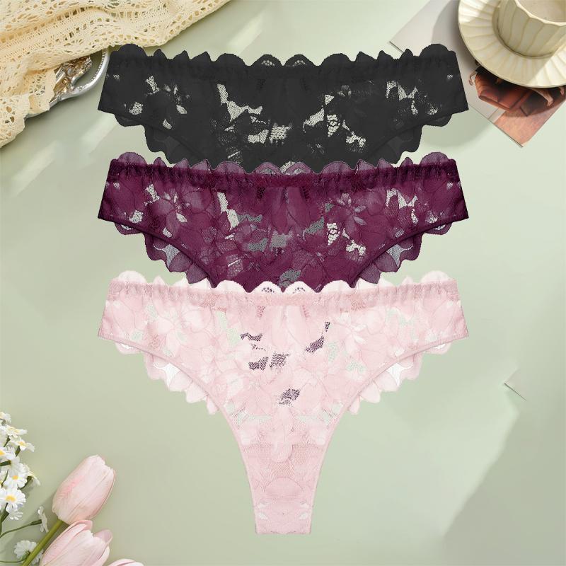 FINETOO 3 Bucți Tangas Florale din Dantelă Decupate Lenjerie Intimă Solidă Sexy cu Talie Joasă Confortabil G-String Fete Fierbinți Lenjerie Erotică