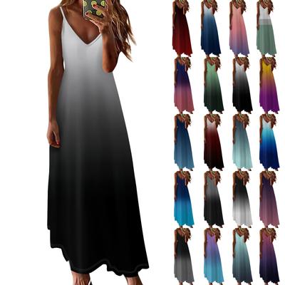 Women's Summer Casual Fashion V-Neck Gradient Printed Big Swing Long Sleeveless Dress Casual Dresses