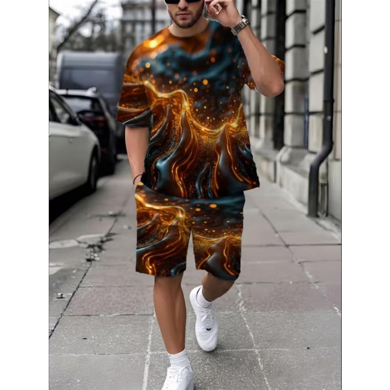 Urban Street Fashion Trend Men's Round Neck Short Sleeved Shorts Set, Outdoor Simple Casual and Comfortable