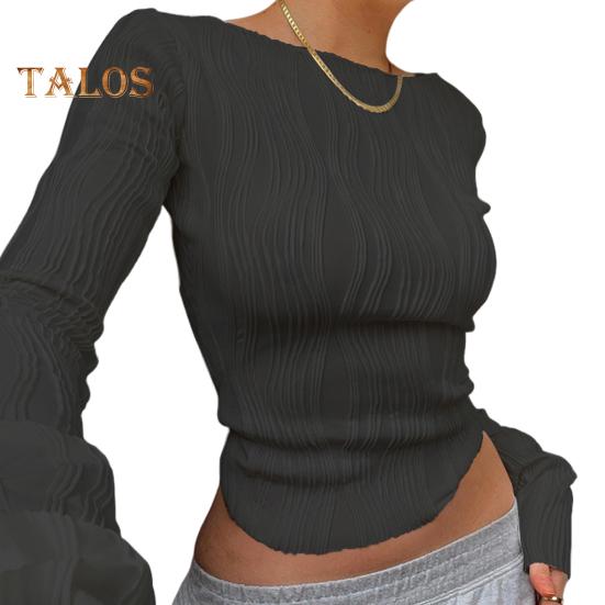 

Весна-осінь Жіноча футболка з довгим рукавом і круглим вирізом Приталений верх Однотонний офісний жіночий плісирований пуловер Топи на кожен день S чорний