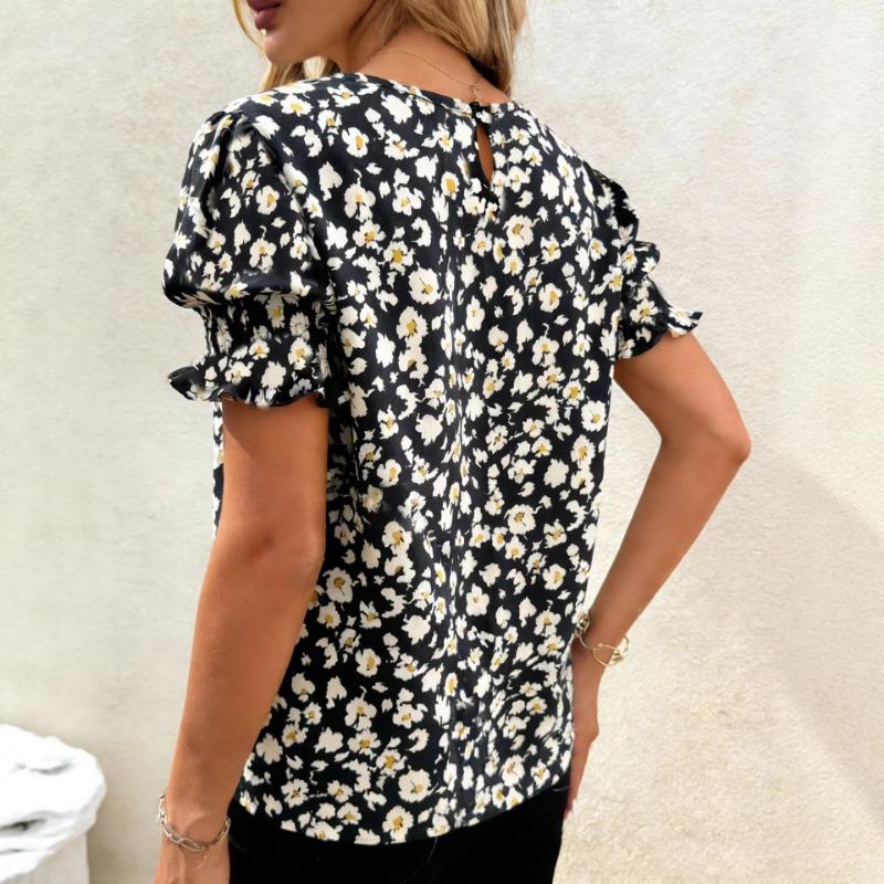Summer New Floral Shirt Women's Bubble Lace Short Sleeve Fashionable Versatile Printed Top