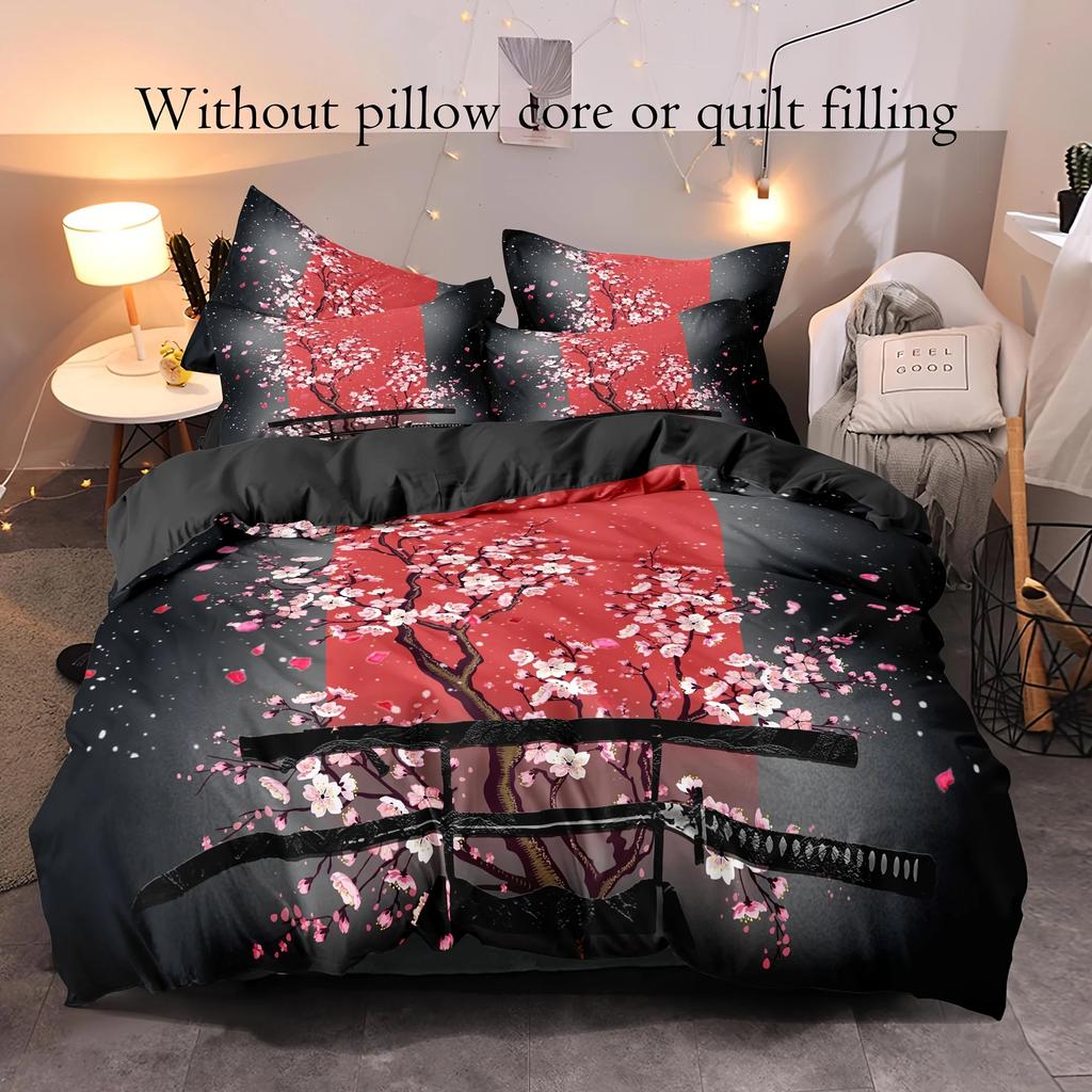3-Piece Queen Size Samurai Sword Red Sakura 3D Print Duvet Cover Set - Ultra Soft Breathable and Vibrant Bedding with Zipper