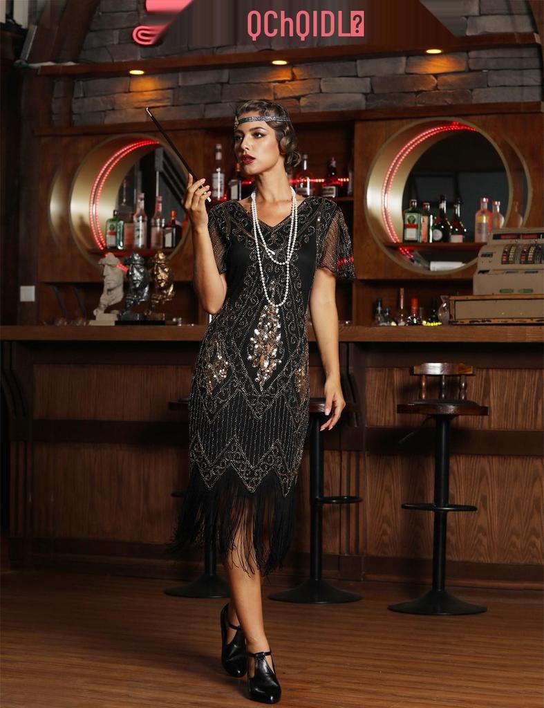 1920s Gatsby V-neck Evening Gown with Embroidered Beading and Sequins Short Sleeve Formal Dress