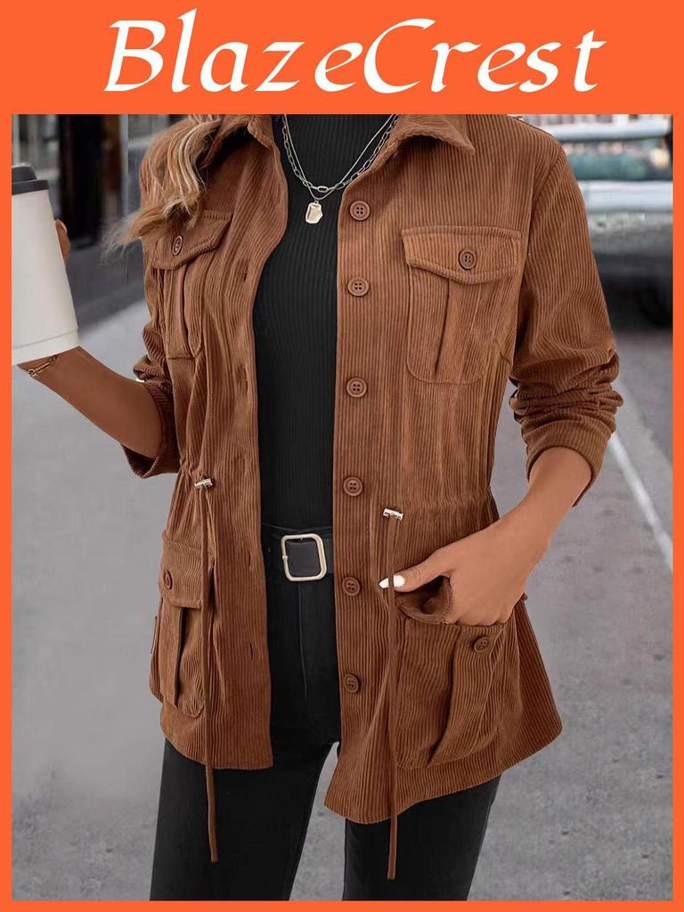 Lapel 2025 Autumn Womens Corduroy Jacket European American Slim Fit Workwear Trend