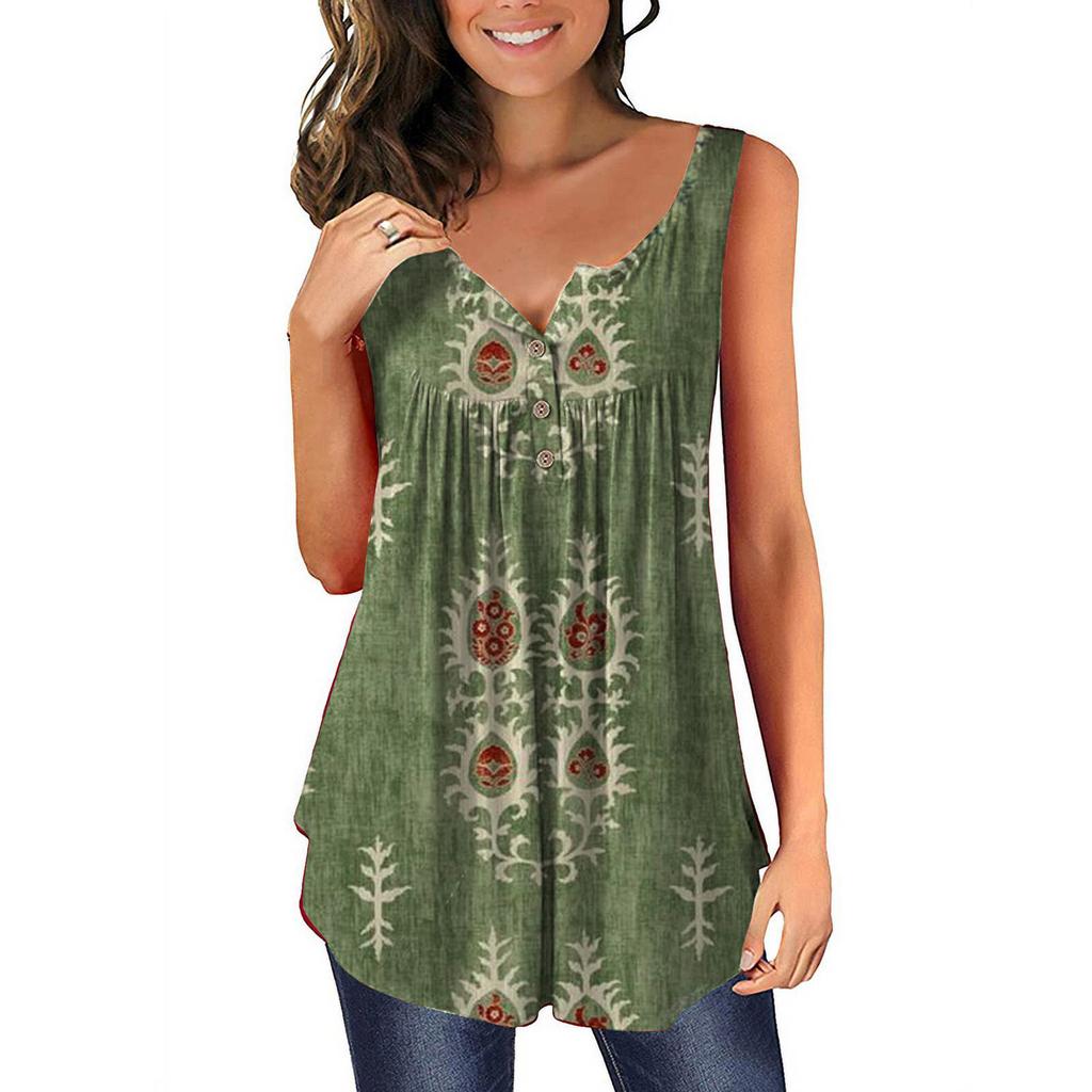 Mode Damen bedrucktes, plissiertes, ärmelloses, lässiges T-Shirt-Tanktop