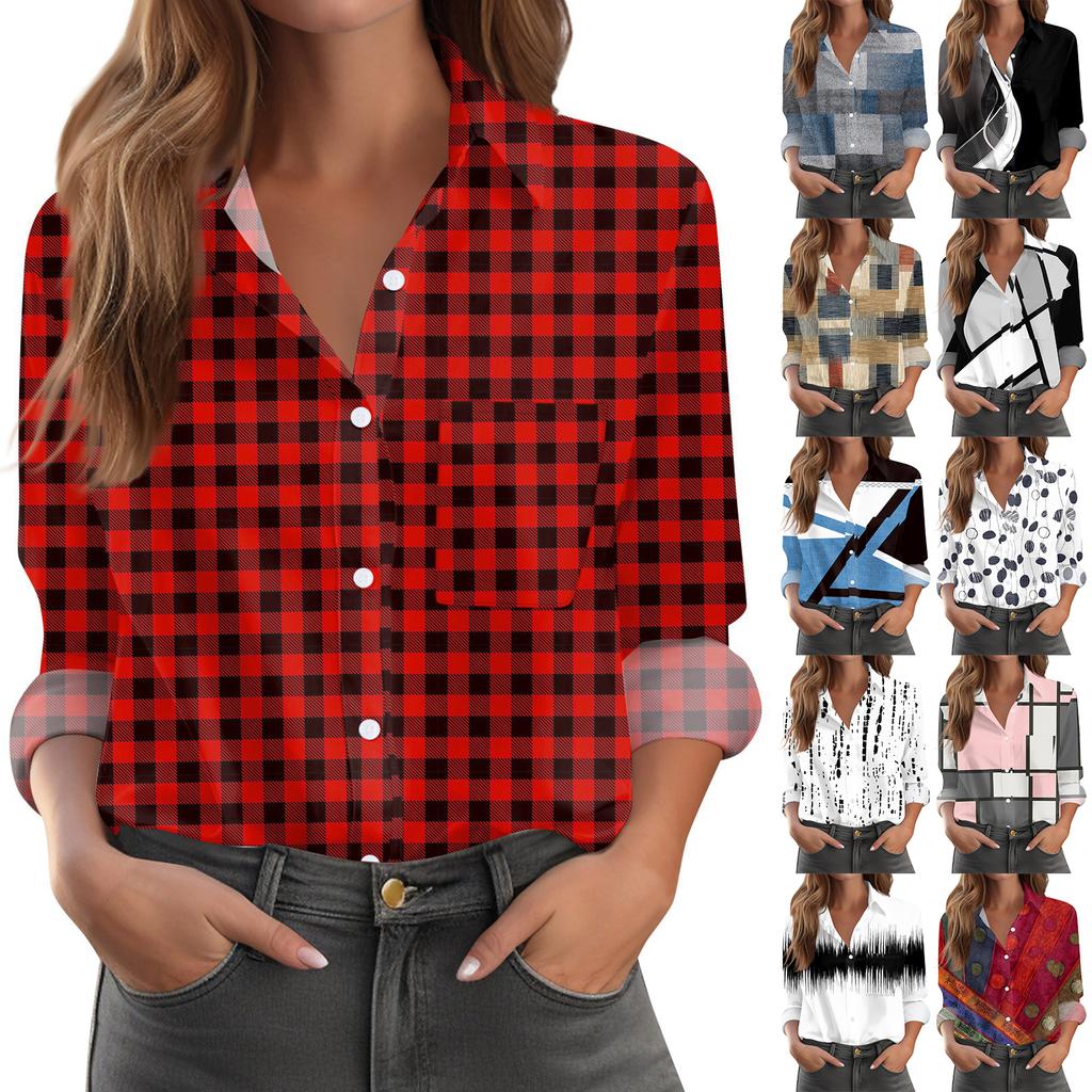 Dámská košile halenka s potiskem na knoflíky dlouhý rukáv ležérní základní košilový límec běžný top s kapsami