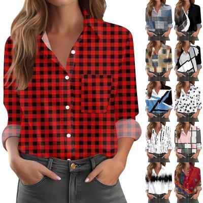 Women's Shirt Blouse Print Button Long Sleeve Casual Basic Shirt Collar Regular Top With Pockets