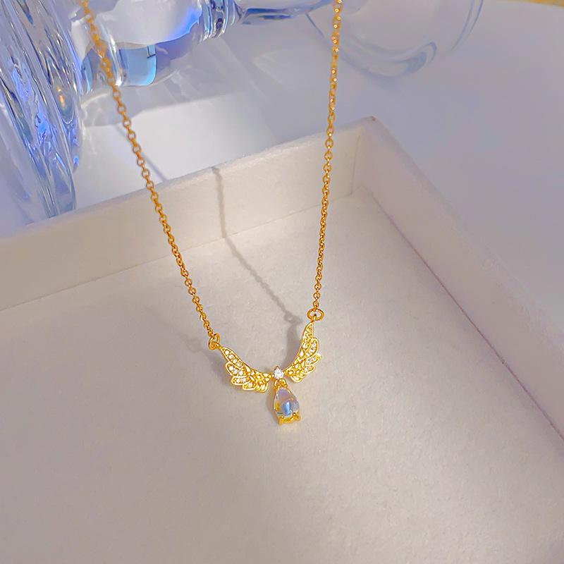 IFYOUOO Fashion Elegant Moonstone Teardrop Angel Wing Titanium Steel Necklace for Women - Ins Light Luxury Minimalist Choker