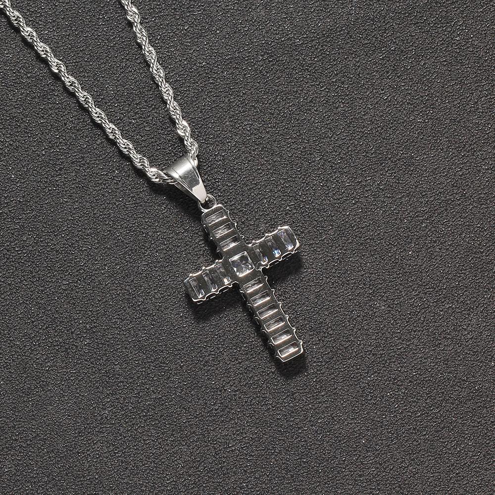SN266 Hip Hop Cross Pendant Necklace with Crystal & Rhinestone Stainless Steel Rope Chain Iced Out Design