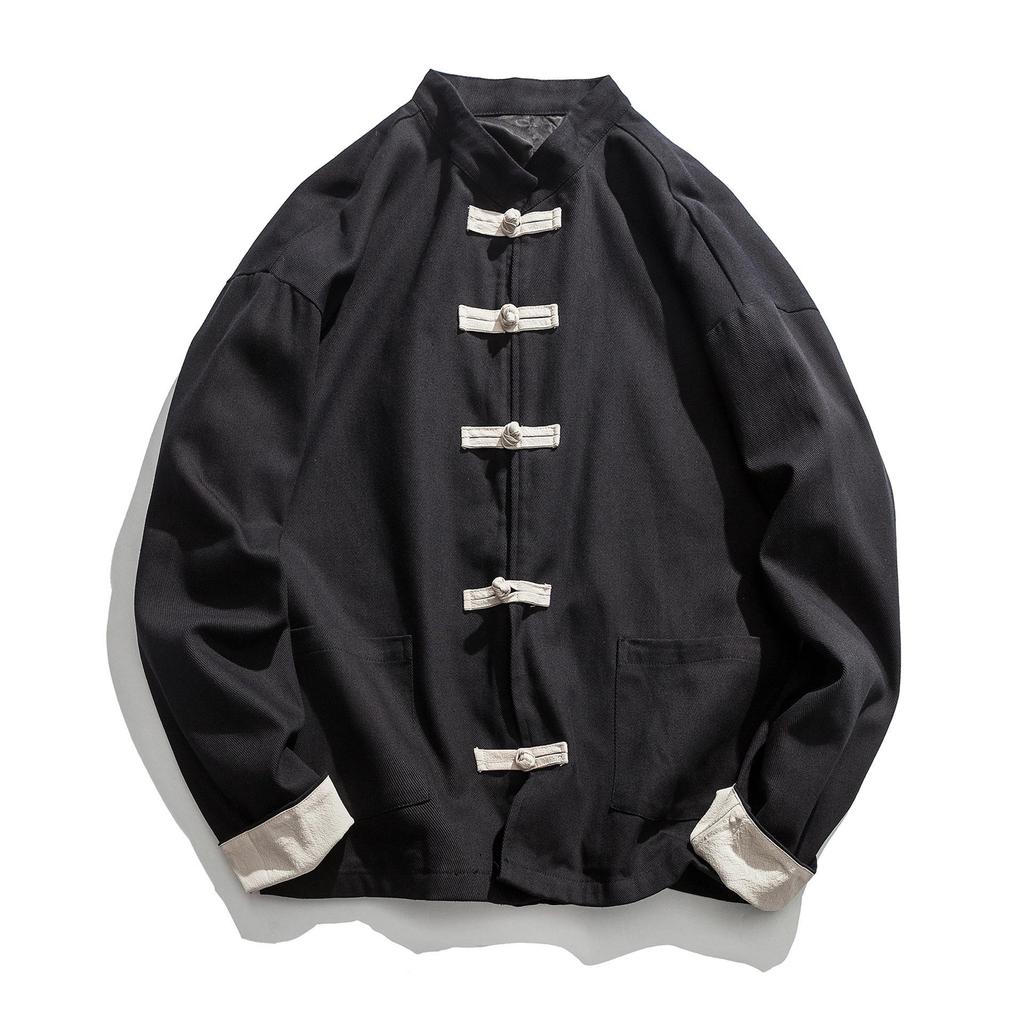 Kragenschnallenjacke Orientalisches Kung-Fu-Hemd aus Baumwolle für Herren, Freizeithemd, Stehkragen, Langarmshirts, traditioneller chinesischer Retro-Mantel