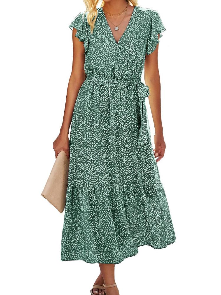 

Women s Floral Print V-Neck Short Sleeve Dress with Waist Tie and Ruffled Hem XL
