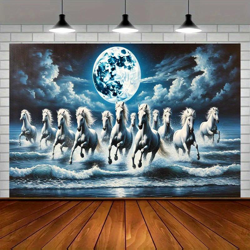A white banner depicting a horse galloping in moonlight suitable for outdoor celebrations and festivals. 130x180 CM