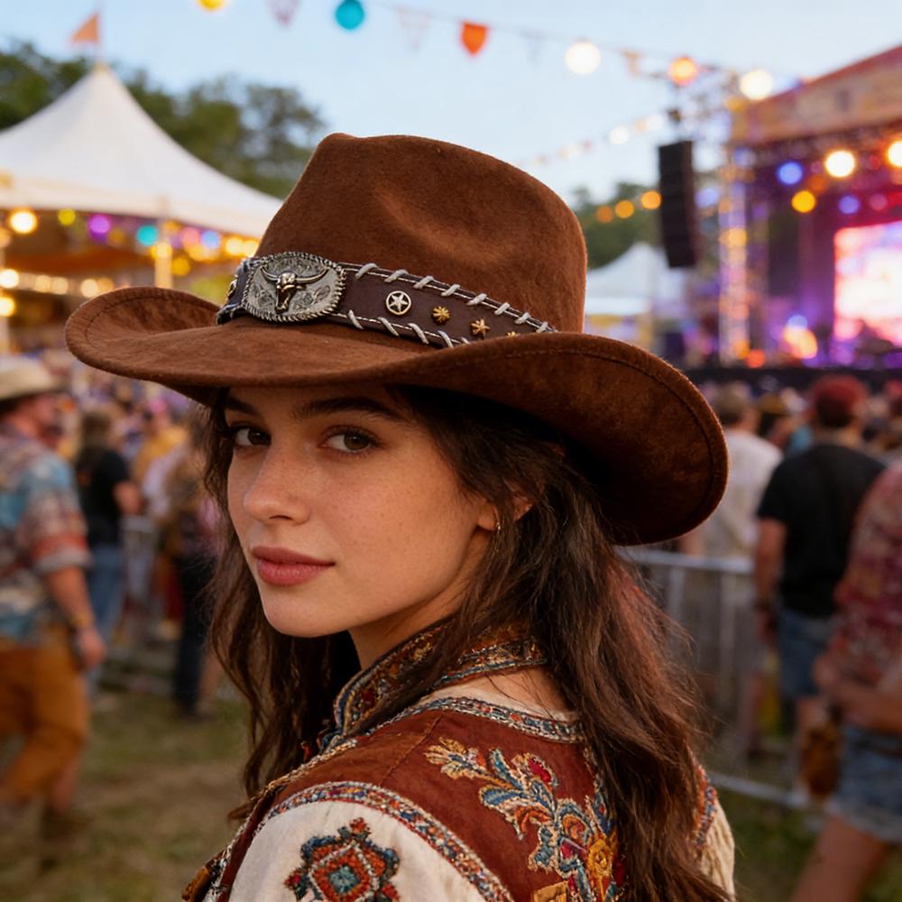 Cappello da Cowboy Western in Pelle Scamosciata Retrò da Uomo con Ampia Falda Fedora Jazz Occidentale con Decorazione Etnica Cintura Testa di Toro Cappello da Sole per Viaggi all'Aperto