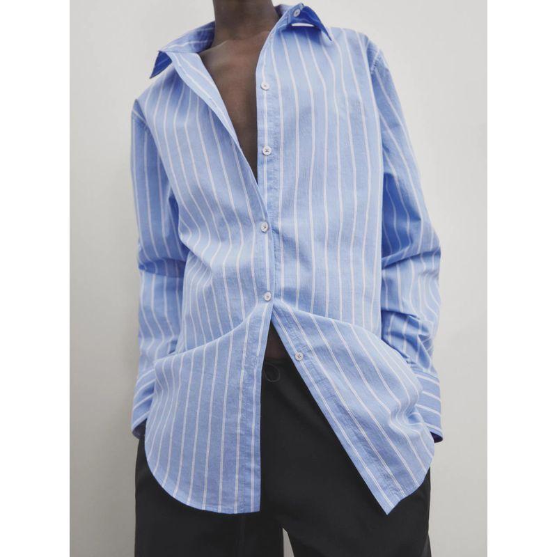 

MD Women s French Style Commute Style Casual Elegant Blue Vertical Stripes Loose Long Sleeves Shirt 05126710407 Light Blue L