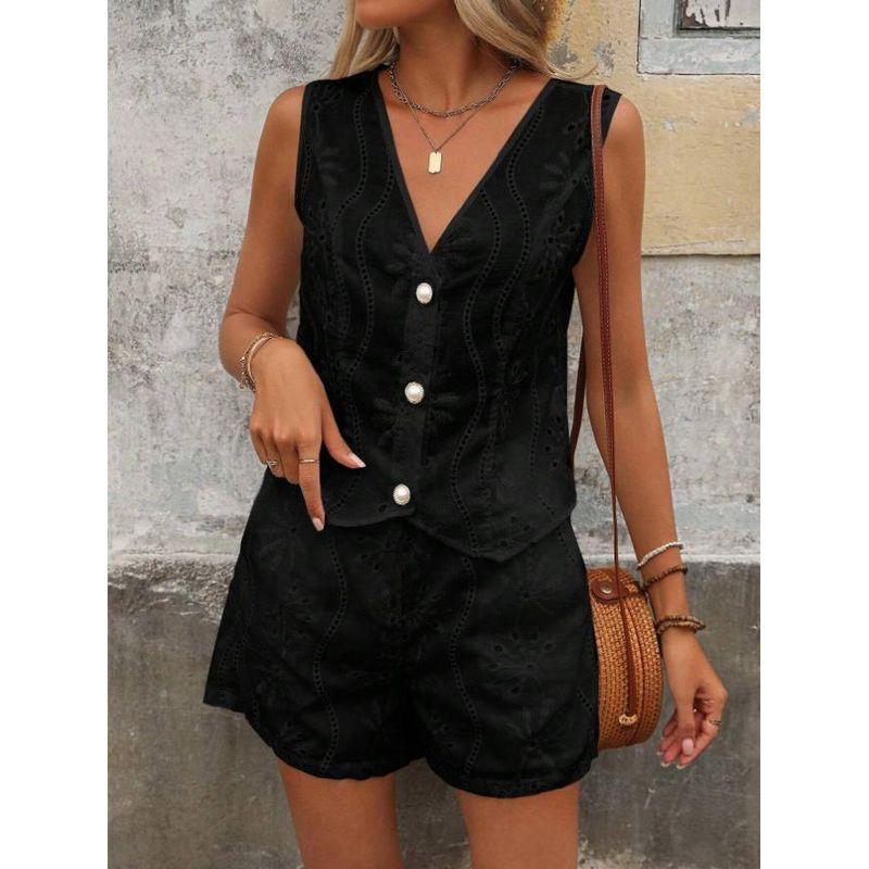 

European and American French style Solid Casual V-neck Vest Button Shorts Set Women Black XL