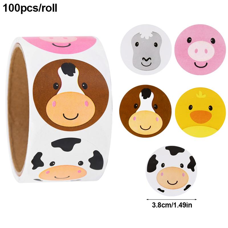 100/500Pcs Cartoon Animals Sticker Kids Farm Theme Birthday Party Decoration Supplies DIY Gift Box Sealing Label Reward Stickers