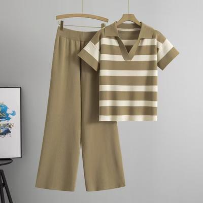 Fashionable and Retro Short-sleeved Lapel Loose Striped Knitted Sweater and Sweater Two-piece Set, High-waisted Wide-leg Pants Set for Women