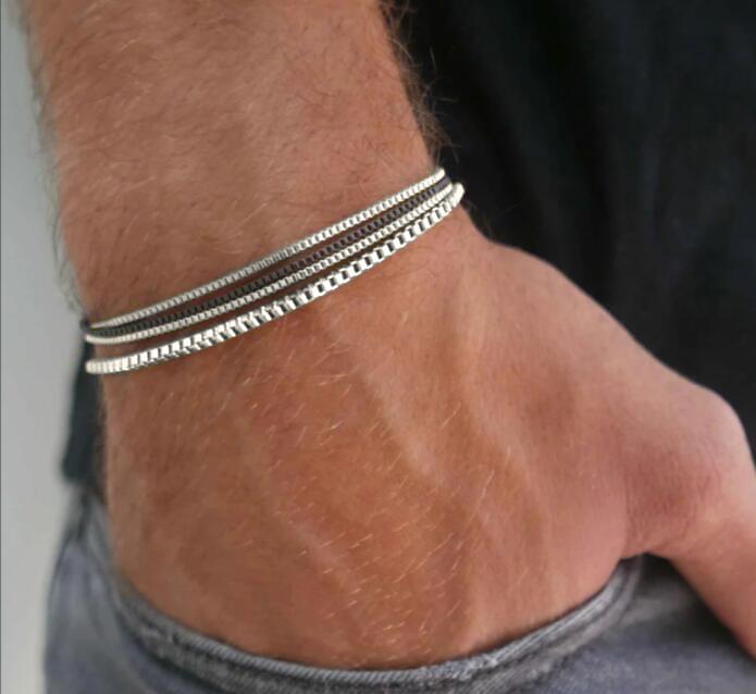 

4 Pcs Set Retro Sliver Color Stainless Steel Chain Bracelet for Men Women Couple Simple Personality Zircon Accessories Gifts