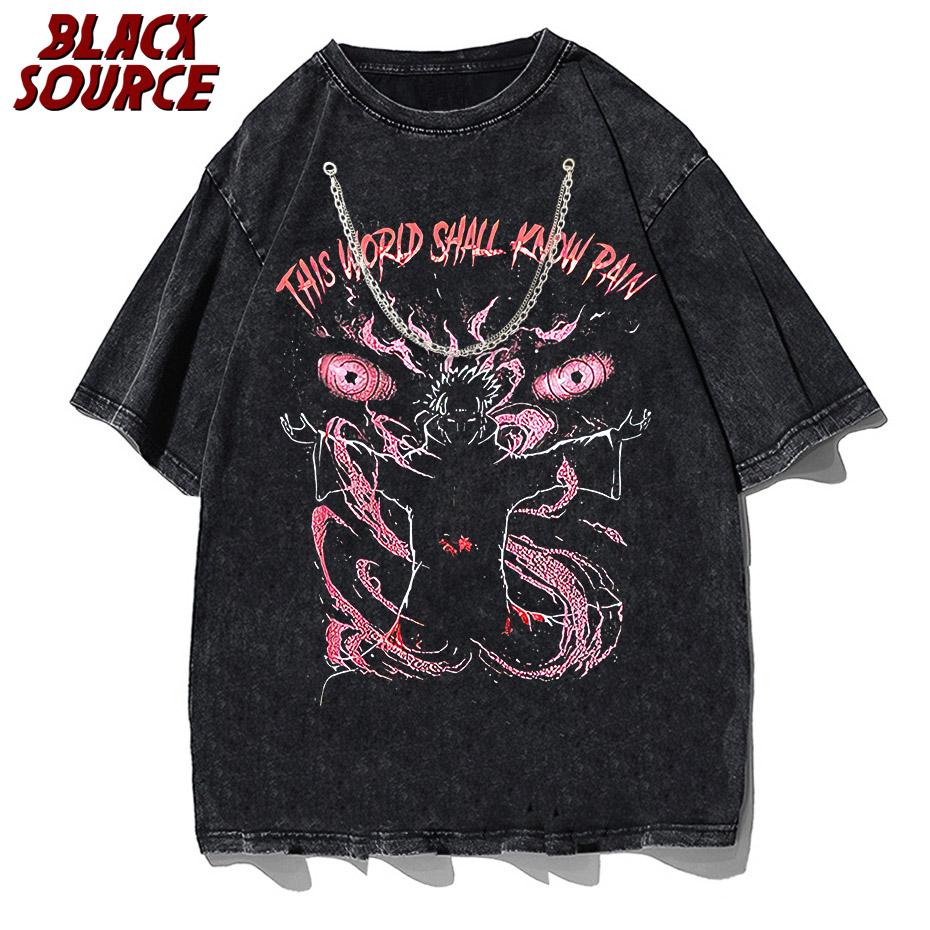 black source Anime Pain Printed T Shirt Men Retro Washed 100% Cotton Tops Tees Harajuku Tshirt Streetwear Hip Hop Male T-shirts S разноцветный
