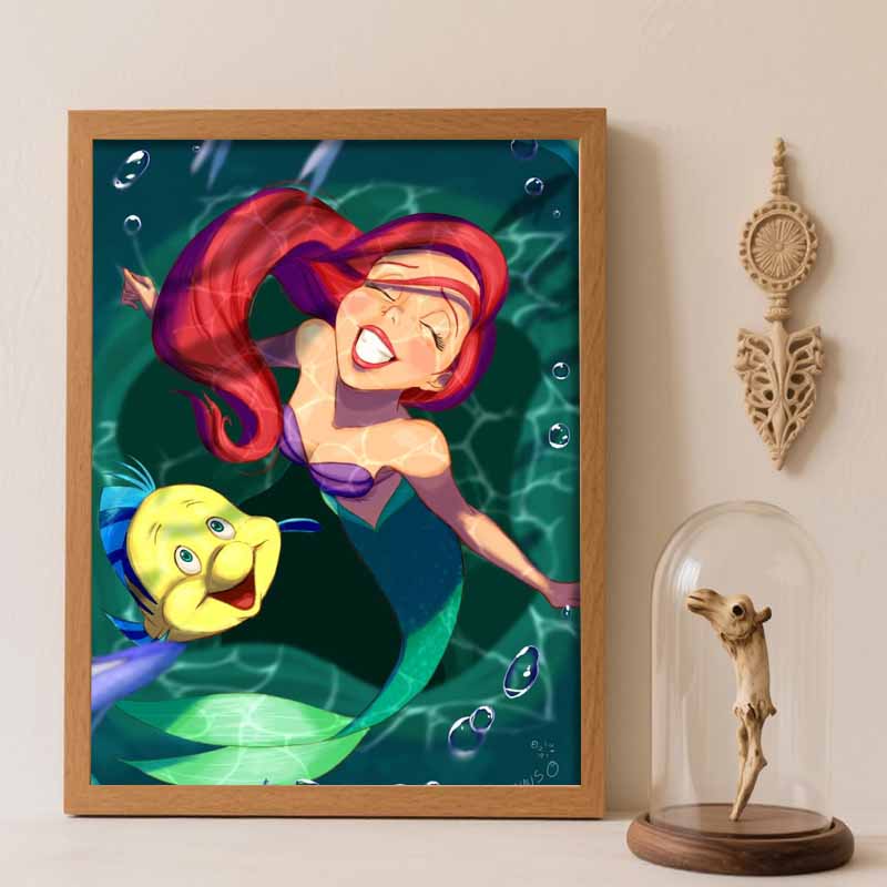 Disney Diamond Painting Kit Ariel Flounder 5D DIY, suitable for beginners and craft lovers, interior space decoration Round 20x30cm