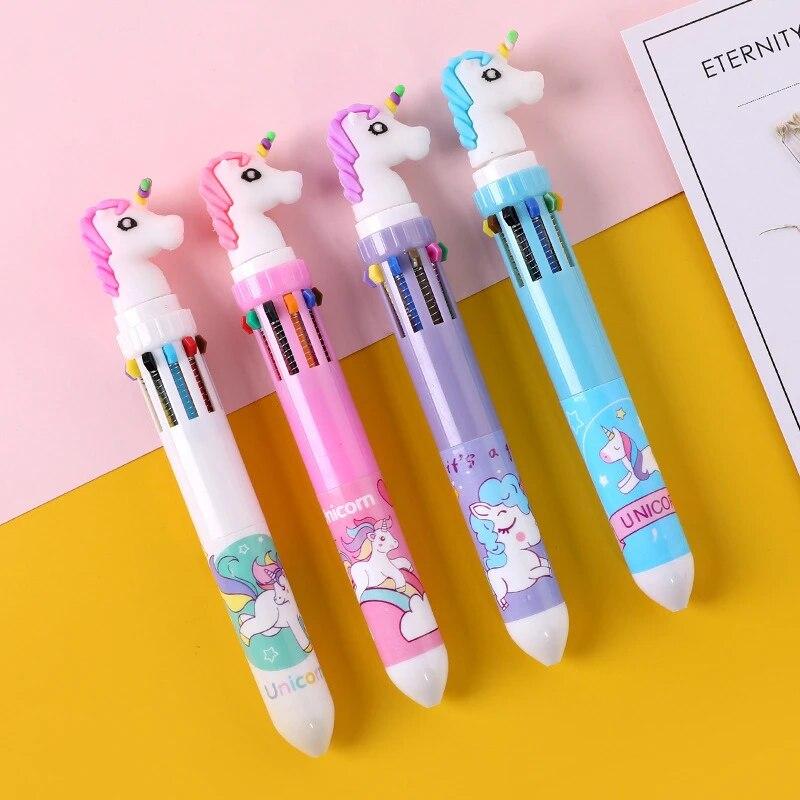 

4 шт., симпатичная мультяшная 10-цветная шариковая ручка, многоцветная выдвижная масляная ручка, кавайный единорог, лебедь, динозавр, офисные школьные принадлежности