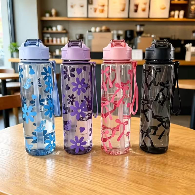 750ML Floral Bow Large Capacity Water Bottle Fresh Easy High Aesthetic Straw Cup with Handle Portable Suitable for Travel