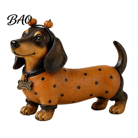 Unique Holiday Party Favors Fall Harvest Dachshund Figurine, Halloween Statue with Pumpkin Headband Polka Collectible Dog Lover Gifts Dot Outfit,