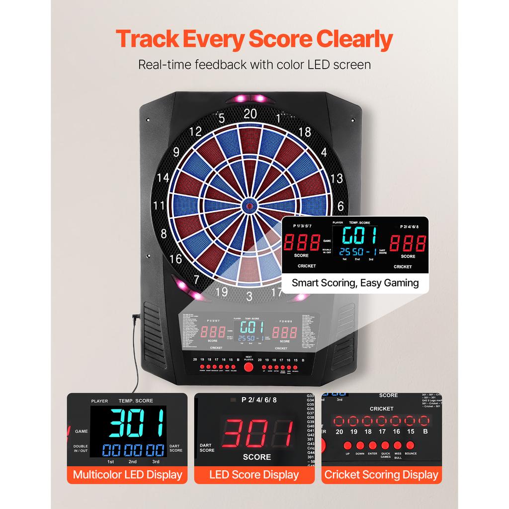SucceBuy 13.5inch Electronic Dart Board 45 Games 474 Variations 8 Players 6 Darts 50 Soft Tips LED Scoring for Home Party Bar