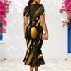Women Plus Size V Neck Short Sleeve Black Gold Printed Fitted Fishtail Dress