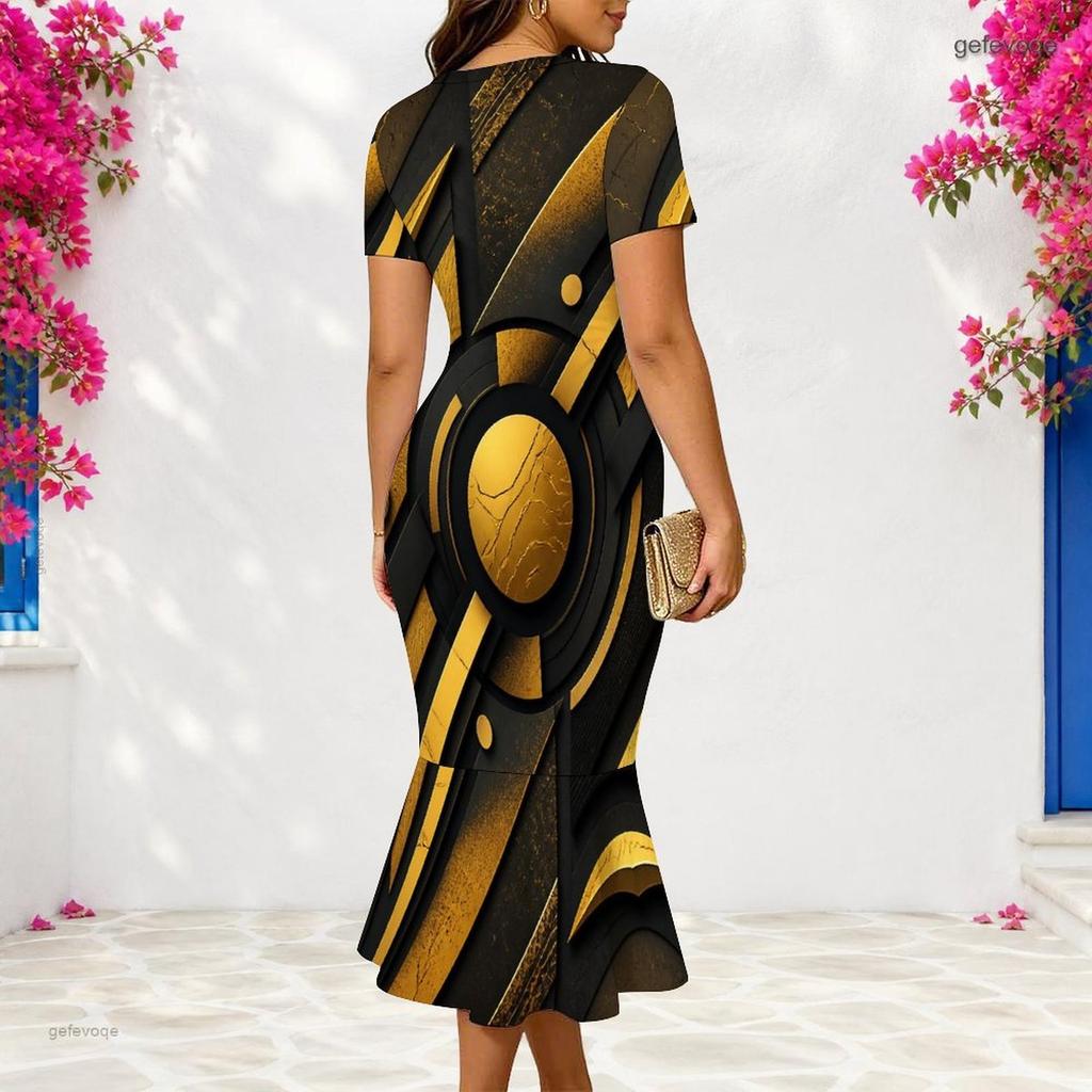 Women Plus Size V Neck Short Sleeve Black Gold Printed Fitted Fishtail Dress