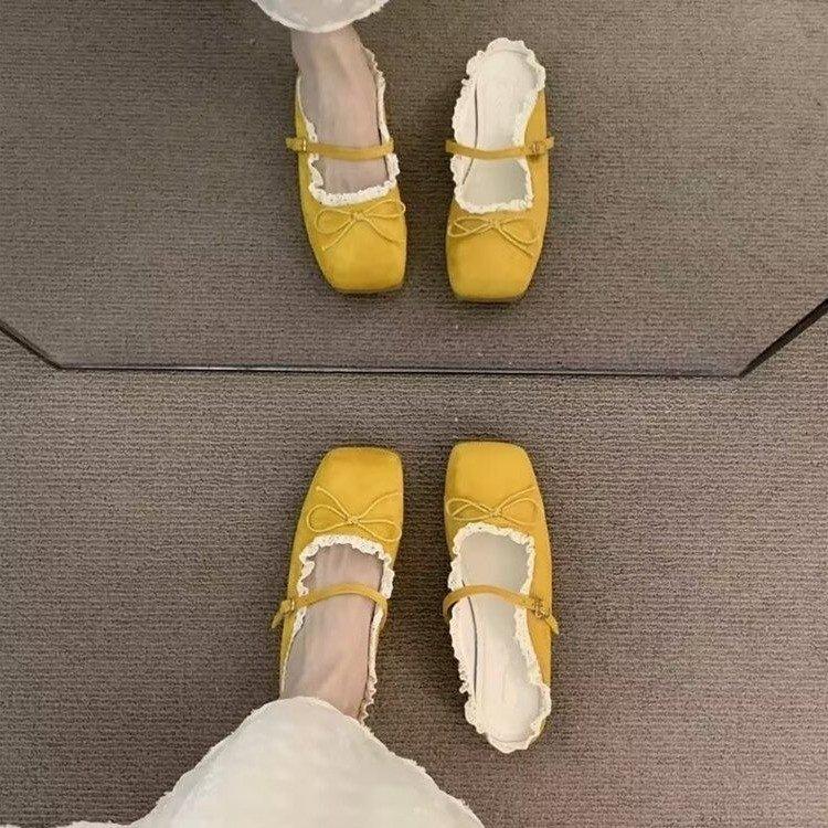 Lace Lace-up Bow Bag Head Slippers Women's Outer Wear 2025 Spring and Summer Square Head Flat Soft-soled Single Shoes Mary Jane Half-tow