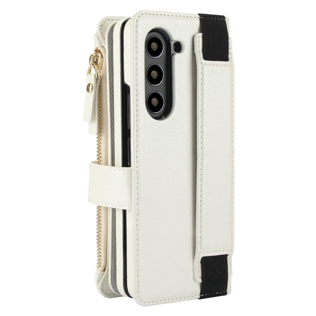 For Samsung Galaxy Z Fold 7, Flip Wallet Case with Wrist Strap, S Pen Holder, Hand Strap, Kickstand, Card Slots, Zipper Pocket