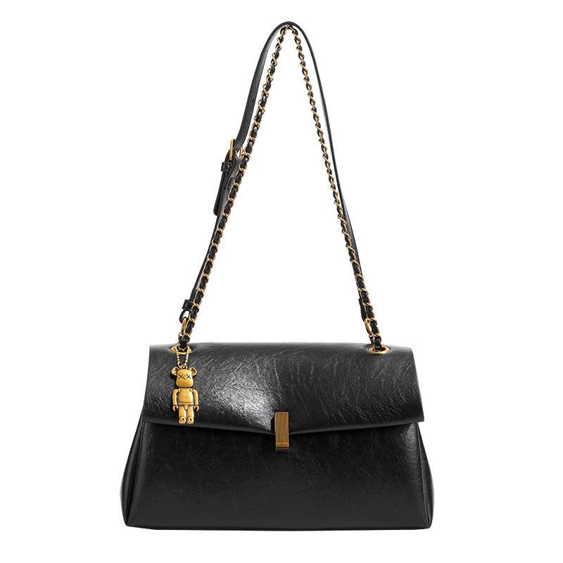 

Urban Minimalist Pu Shoulder Bag With Chain Details And Lock Clasp Black Khaki Brown