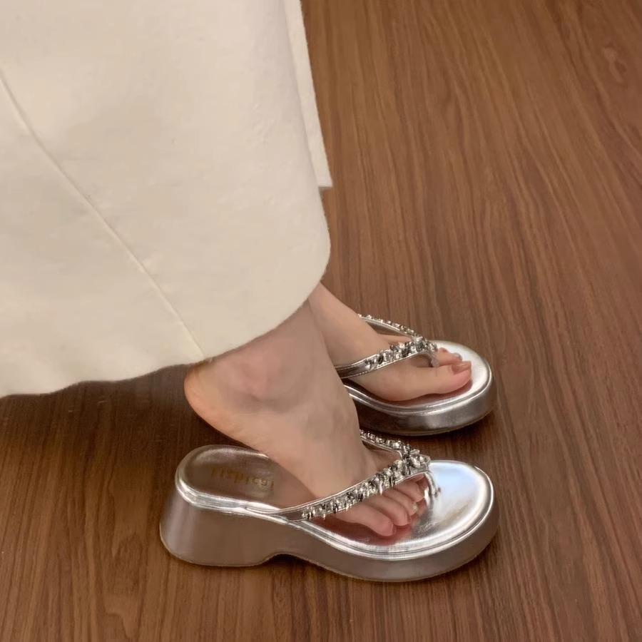 French Gao Grade Wedge Heel Flip-flops Shoes Women's Summer Wear with Skirt Rhinestone Muffin Bottom Cool Slippers Women