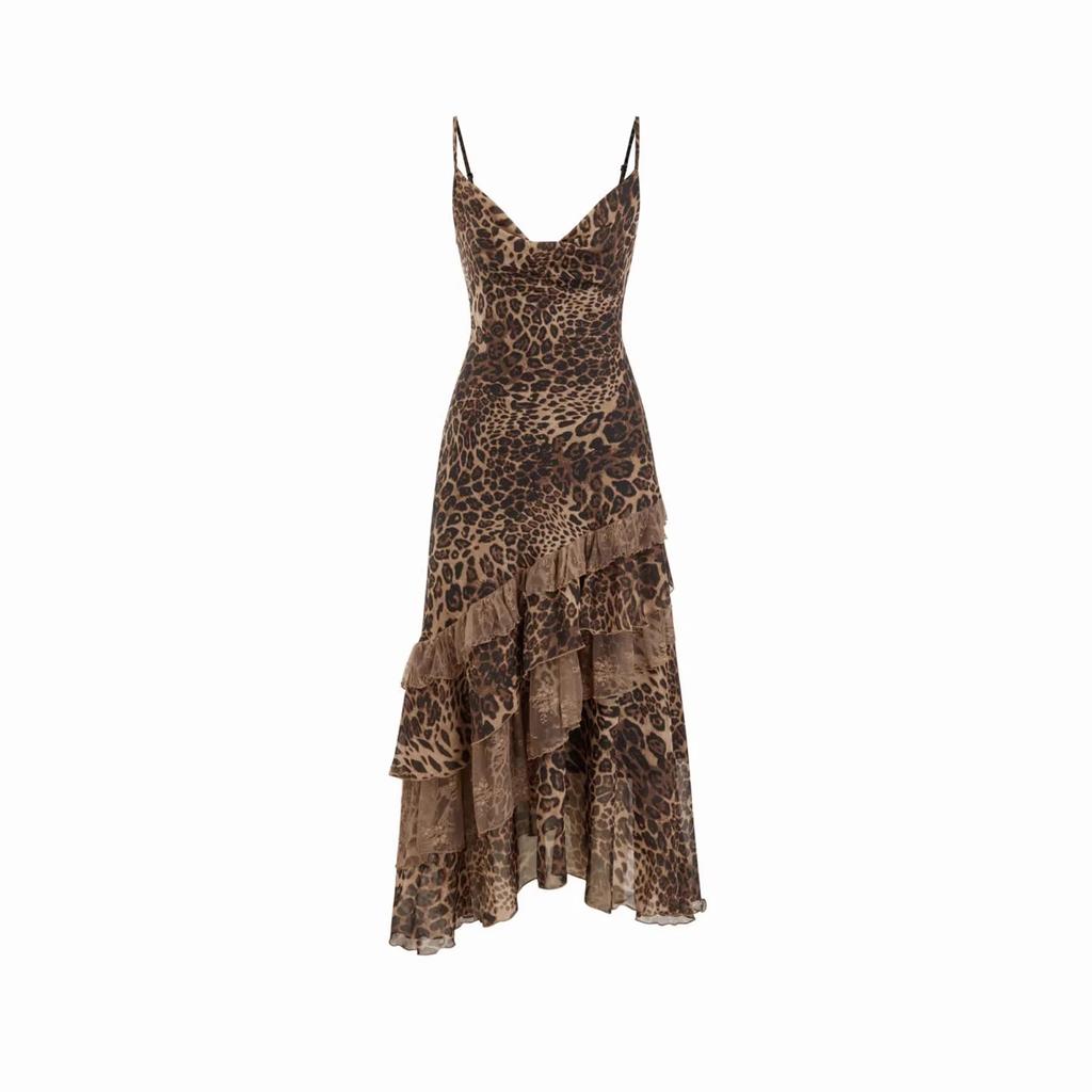 American sexy leopard print mesh suspender dress perspective V-neck backless ruffle edge waist thin holiday dress