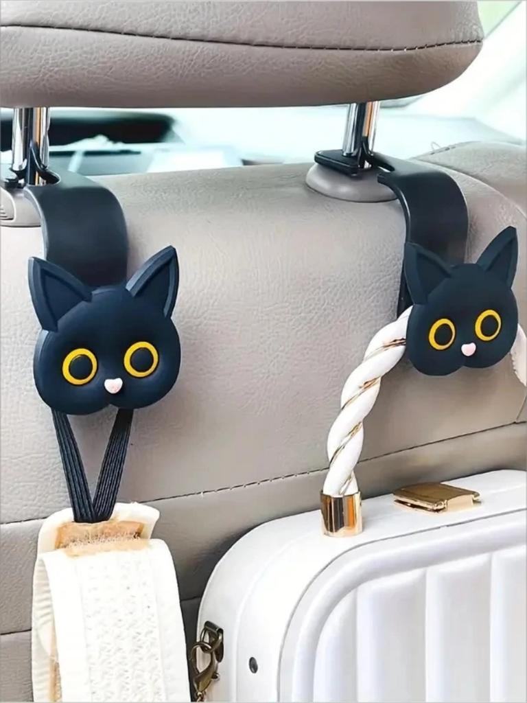 2pcs Adorable 3D Cartoon Cat Car Seat Headrest Hooks - Universal Vehicle Storage Organizer for Handbags, Purses, Coats - Cute Ca